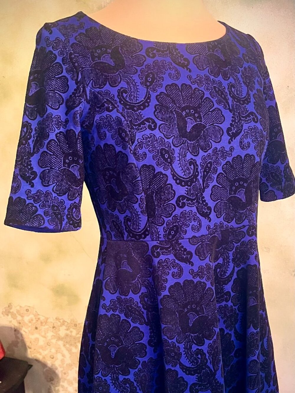 Lands’ End XS Petite Blue Black Floral Paisley Fit & Flare Dress 2-4